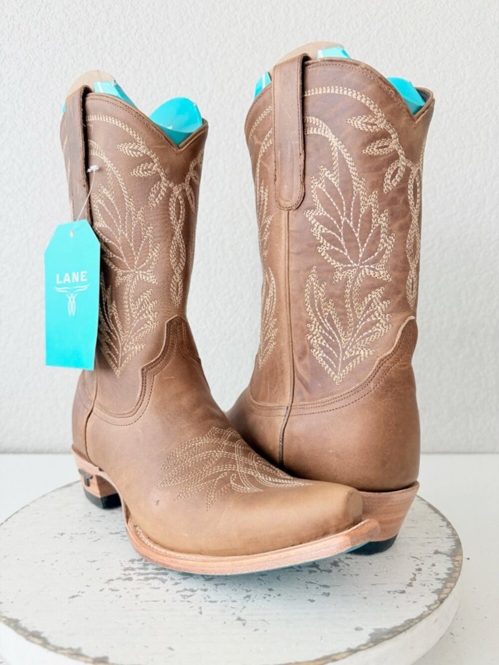 Lane SANDAGA Midi Brown Cowboy Boots Womens Size 8 Western Mid Calf Snip Toe